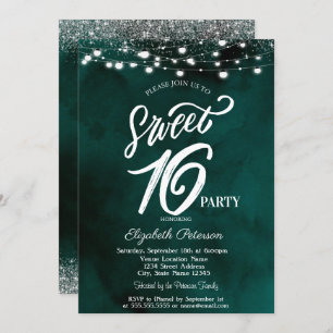 Convite Luzes de Cordas Elegantes Confetti Green Sweet 16