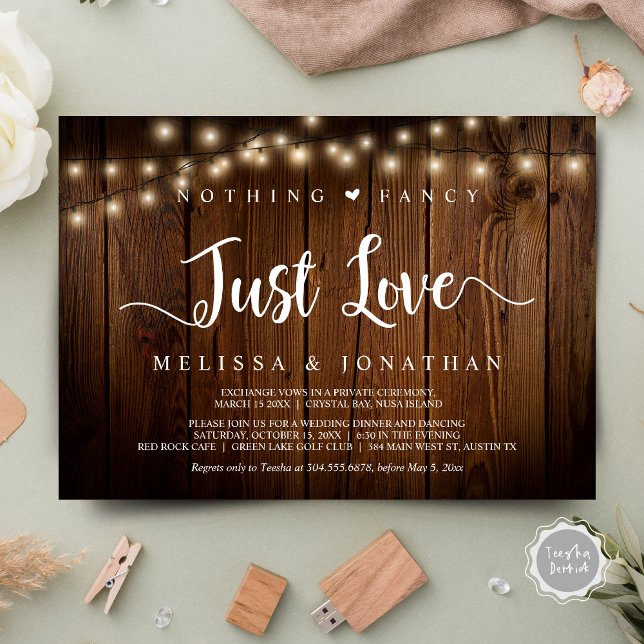 Convite Luzes De Cordas, Elopeamento, Nada De Rico Apenas  (Nothing Fancy Just Love Invitation Card, Modern Rustic String Lights, Cottage Brown Wood.)