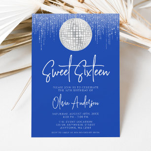 Convite Luzes de Disco Azul Real Prata Sweet 16