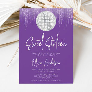 Convite Luzes de Disco Prata Violeta Real Sweet 16