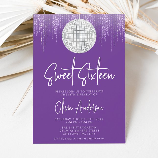 Convite Luzes de Disco Prata Violeta Real Sweet 16 (Criador carregado)