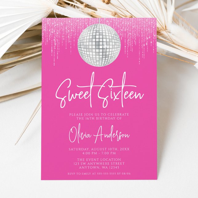 Convite Luzes de Disco Rosa Prata Sweet 16 (Criador carregado)