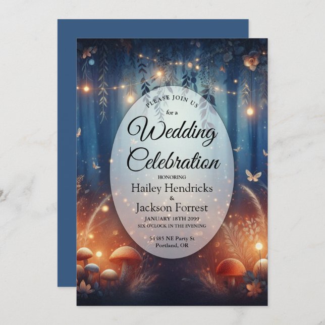 Convite Luzes de Fada e Casamento Mágico da Floresta Lua (Frente/Verso)