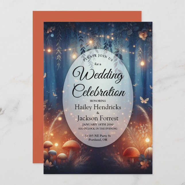 Convite Luzes de Fada e Casamento Mágico da Floresta Lua (Frente/Verso)