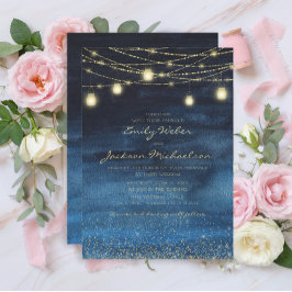 Convite Luzes de Fada Glitter Dourado Azul Casamento