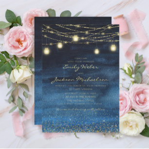 Convite Luzes de Fada Glitter Dourado Azul Casamento 