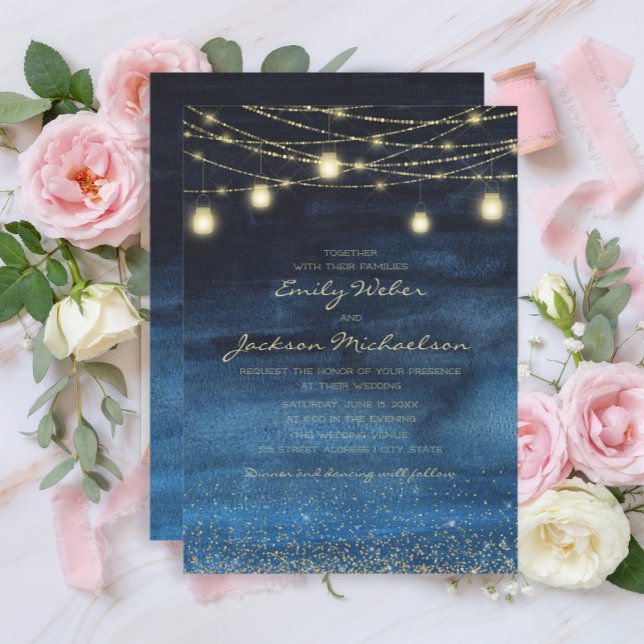 Convite Luzes de Fada Glitter Dourado Azul Casamento  (Navy blue and gold string lights wedding invitation)