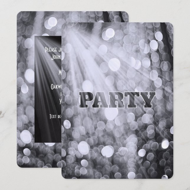 Convite Luzes de festa com Bokeh prateado (Frente/Verso)