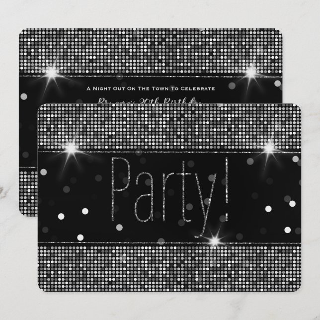 Convite Luzes de Festa com Brilho Preto e Prata para Anive (Frente/Verso)
