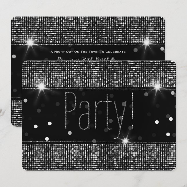 Convite Luzes de Festa com Brilho Preto e Prateado (Frente/Verso)
