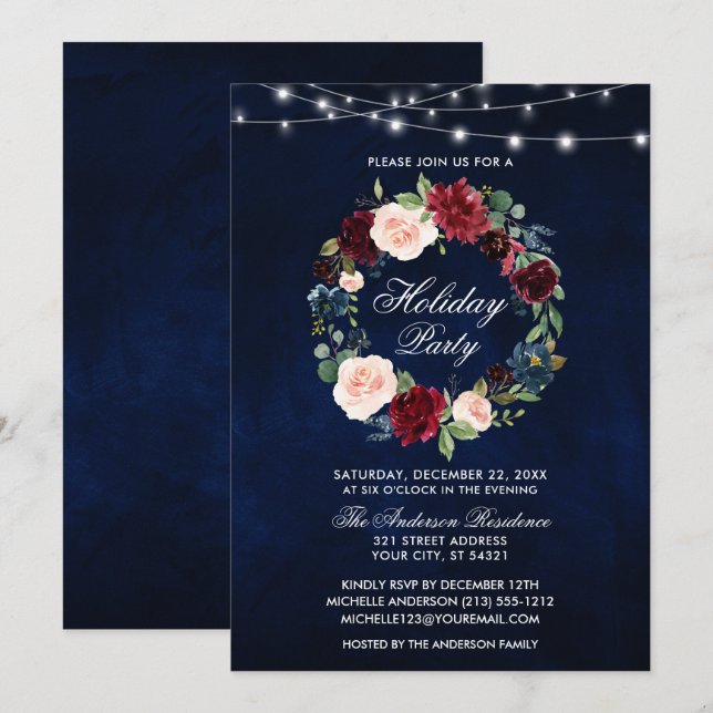 Convite Luzes de Festa de Férias Florais em Aquarela Elega (Frente/Verso)