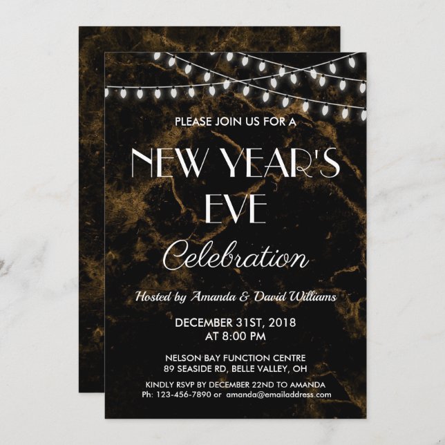 Convite Luzes de festa Douradas em mármore preto (Frente/Verso)