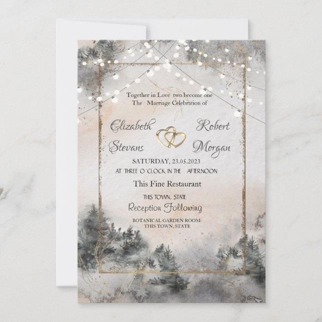 Convite Luzes de Floresta Árvores Bosque Casamento (Frente)