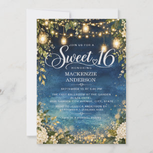Convite Luzes de Jardim Azul Naval Floral Sweet 16