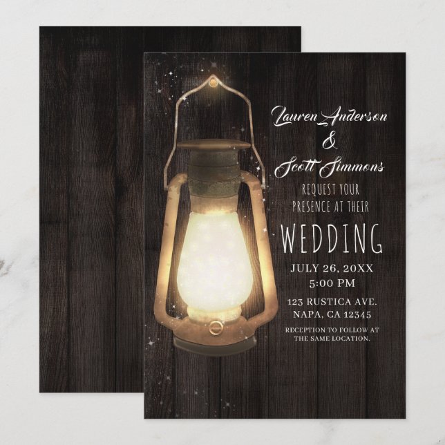 Convite Luzes de Lanterna Rústica Marrom de Madeira de Cel (Frente/Verso)