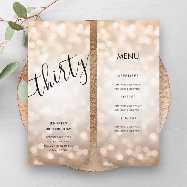 Convite Luzes de luz Dourada da Rosa do Menu aniversário d (30th Birthday Menu Rose Gold Glitter Lights Invitation)