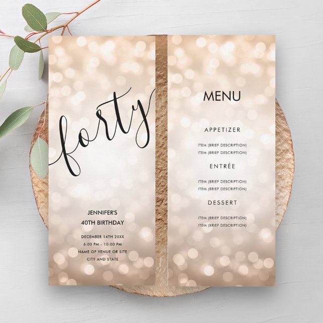 Convite Luzes de luz Dourada da Rosa do Menu aniversário d (40th Birthday Menu Rose Gold Glitter Lights Invitation)