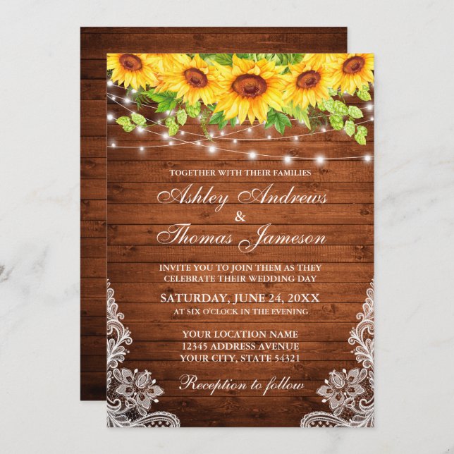 Convite Luzes de madeira de girassol (Frente/Verso)