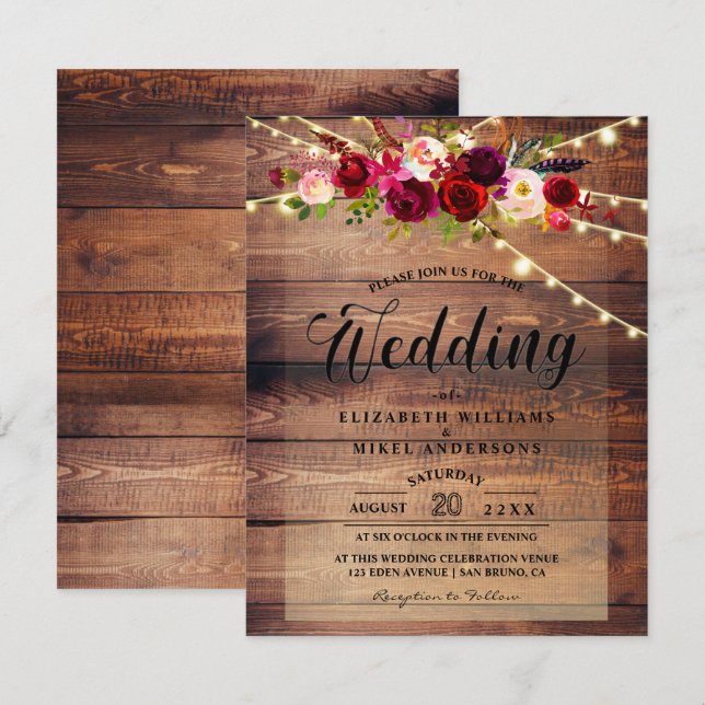 Convite Luzes de madeira rustica e Casamento Floral de Bor (Frente/Verso)