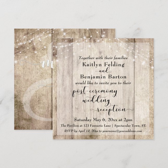 Convite Luzes de Madeira Rústica no Posto de Cerimônia Rec (Frente/Verso)