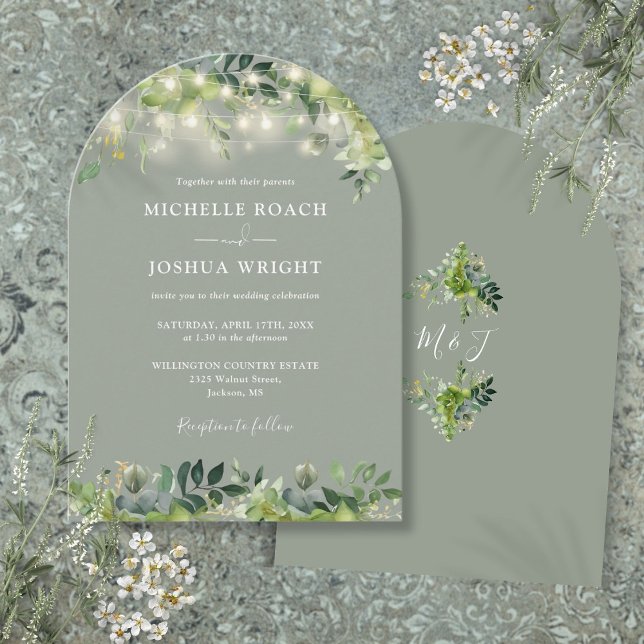 Convite Luzes de Monograma de Verde Oliva para Casamento E (Greenery Lights Monogram Sage Green Wedding Invitation)