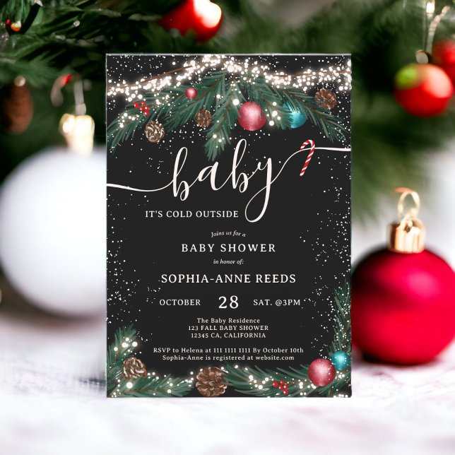 Convite Luzes de Natal de inverno chá de fraldas de pinhei (Winter Christmas lights snowy pine baby shower Invitation)