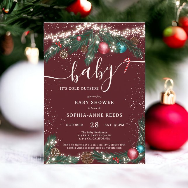 Convite Luzes de Natal de inverno chá de fraldas de pinhei (Winter Christmas lights snowy pine baby shower Invitation)