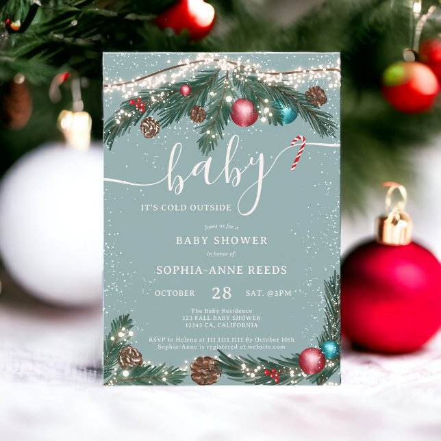 Convite Luzes de Natal de inverno chá de fraldas de pinhei (Winter Christmas lights snowy pine baby shower Invitation)