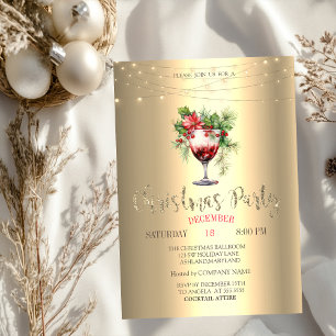 Convite  Luzes de Natal Douradas de Poinsettia de Coquetel