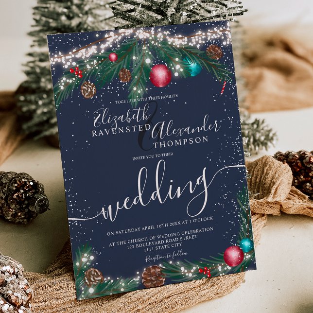 Convite Luzes de Natal esfestivas pinheiras galhas neves c (Festive Christmas lights pine branch snow wedding Invitation on blue)