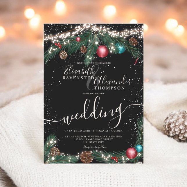 Convite Luzes de Natal negras pinheiros galhos de pinheira (Black Christmas lights pine branch snow wedding Invitation)