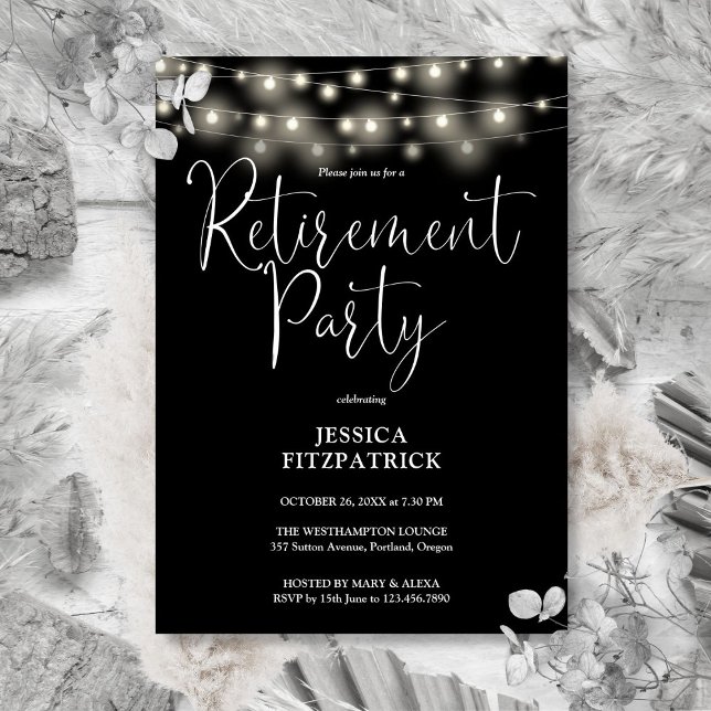 Convite Luzes de Natal Pretas e Brancas Festa de Aposentad (Black And White String Lights Retirement Party Invitation)