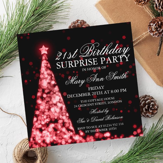 Convite Luzes de Natal Red Surprise aniversário de 21 anos (Red Surprise 21st Birthday Christmas Lights Invitation)