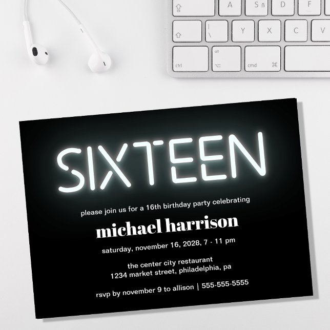 Convite Luzes de neon de Festa de aniversário 16 (Criador carregado)