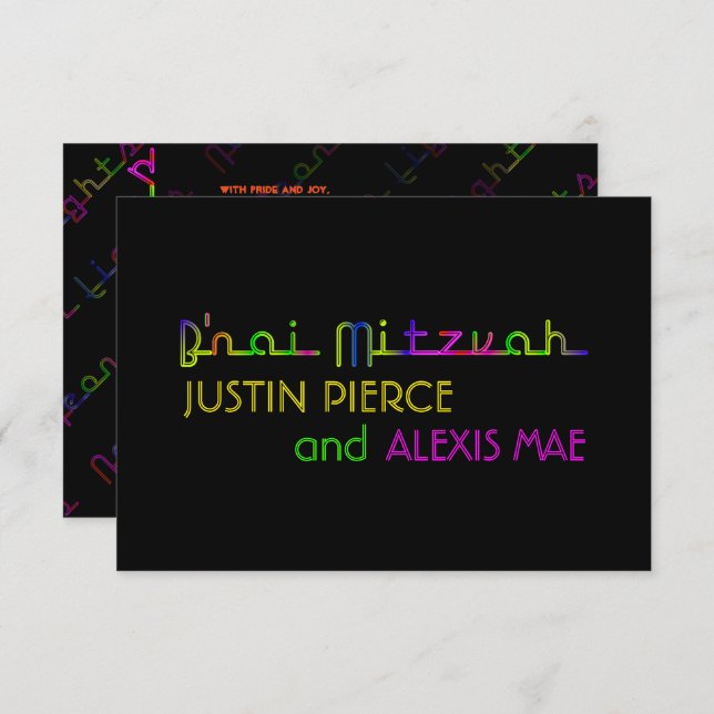 Convite Luzes de neon PixDezines b'nai mitzvah (Frente/Verso)