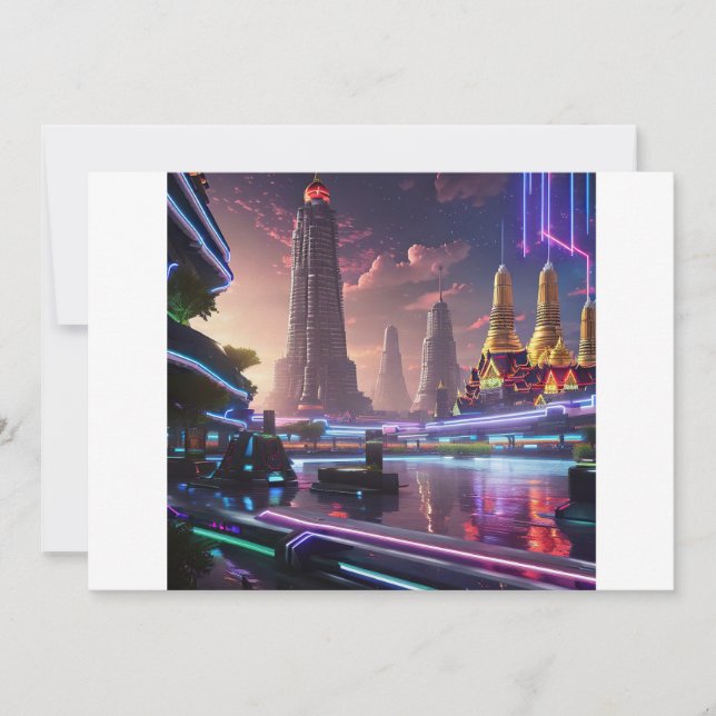 Convite Luzes de Neon Vibrantes de Cyberpunk Bangkok (Frente)