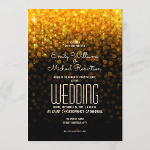 Convite Luzes de ouro de casamento elegantes e fundo de pr