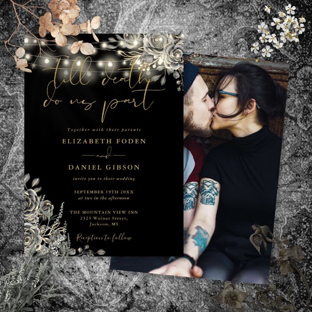 Convite Luzes de Rosas Góticas Preto e Dourado Foto Casame (Black And Gold Gothic Roses Lights Photo Wedding Invitation)