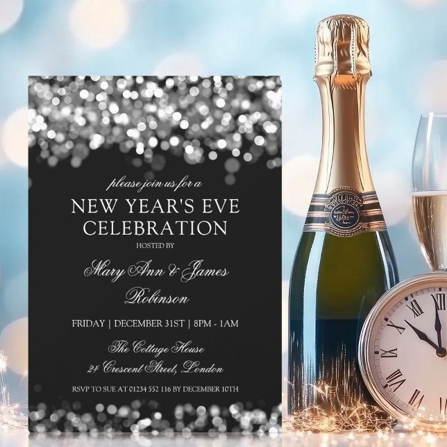 Convite Luzes de Shimmering de Véspera de ano novo Elegant (Elegant New Years Eve Silver Shimmering Lights Invitation)