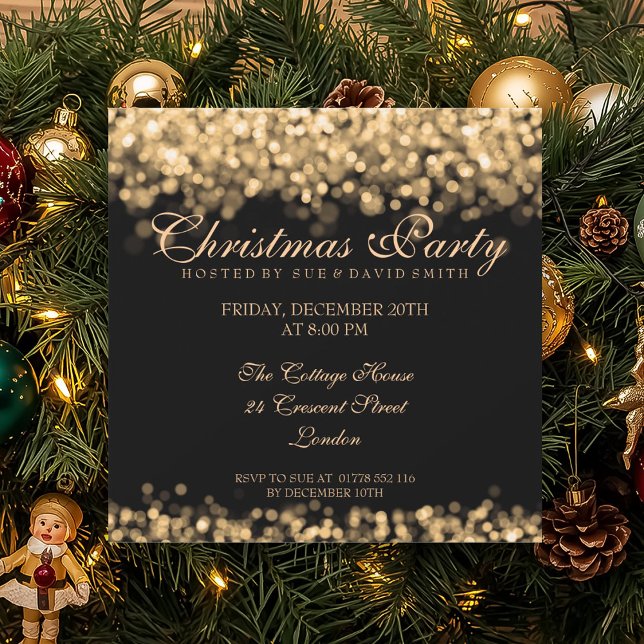Convite Luzes de Shimmering Douradas do Partido de Natal E (Elegant Christmas Party Gold Shimmering Lights Invitation)