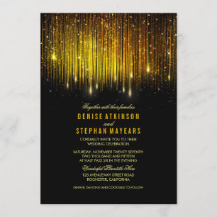 Convite Luzes de String de Casamento Preto e Dourado Convi