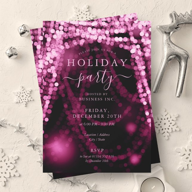 Convite Luzes de String de Feriado de Empresa Rosa-Escamud (Elegant Blush Pink Company Holiday String Lights Invitation)