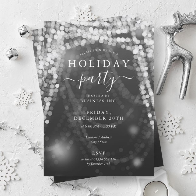 Convite Luzes de String do Partido Feriado da Elegante Sil (Elegant Silver Company Holiday Party String Lights Invitation)