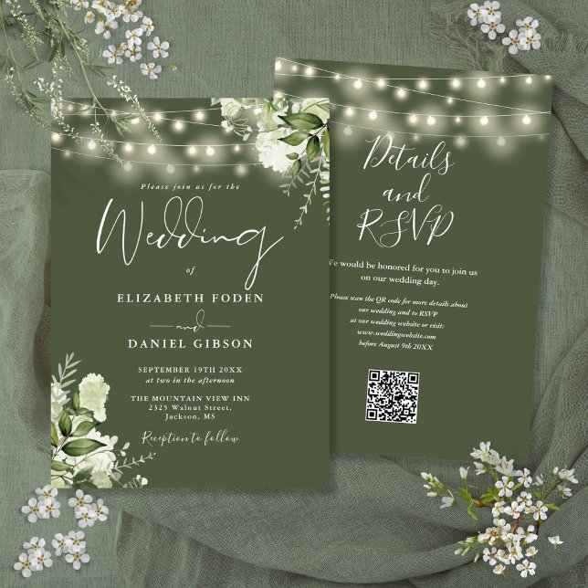Convite Luzes de String Verde Azul Código QR Floral Casame (Olive Green String Lights Floral QR Code Wedding Invitation)