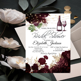 Convite Luzes de Taça de Vinho Flores Bordeaux Chá de Noiv