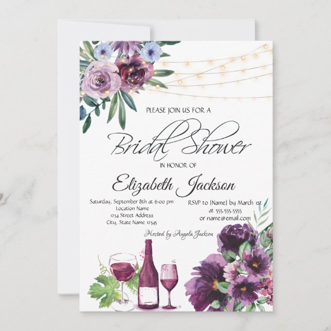 Convite Luzes de Taça de Vinho Flores Violeta Chá de Noiva (Frente)