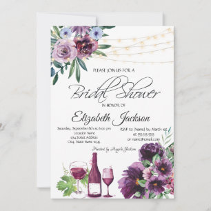 Convite Luzes de Taça de Vinho Flores Violeta Chá de Noiva