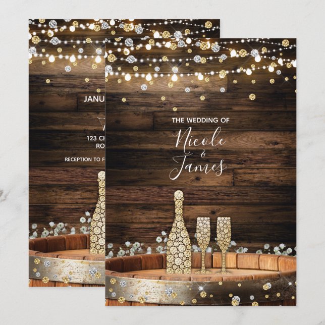 Convite Luzes de Tonel de Madeira Rústica Champanhe Casame (Frente/Verso)