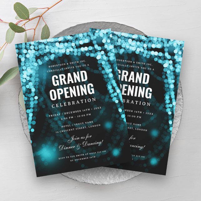 Convite Luzes de turquesa de negócios de grande abertura e (Elegant Grand Opening Business Turquoise Lights Invitation)
