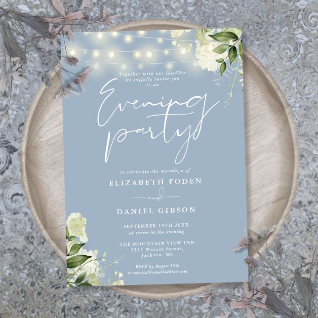 Convite Luzes de Verde Botânico em Azul Desbotado para Cas (Dusty Blue Greenery Lights Wedding Evening Party Invitation)